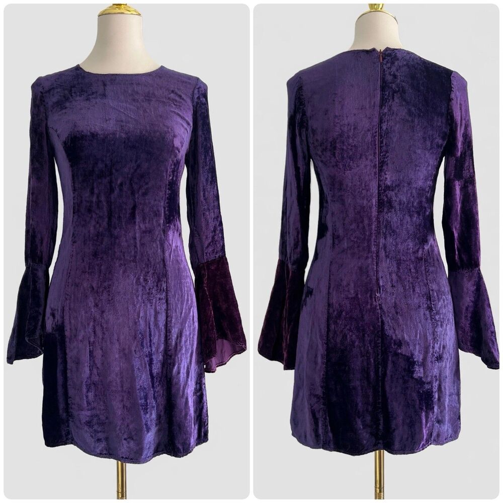 Claudie Pierlot Velvet Dark Purple Bell Sleeve Whimsy Fairy Mini Dress Womens S